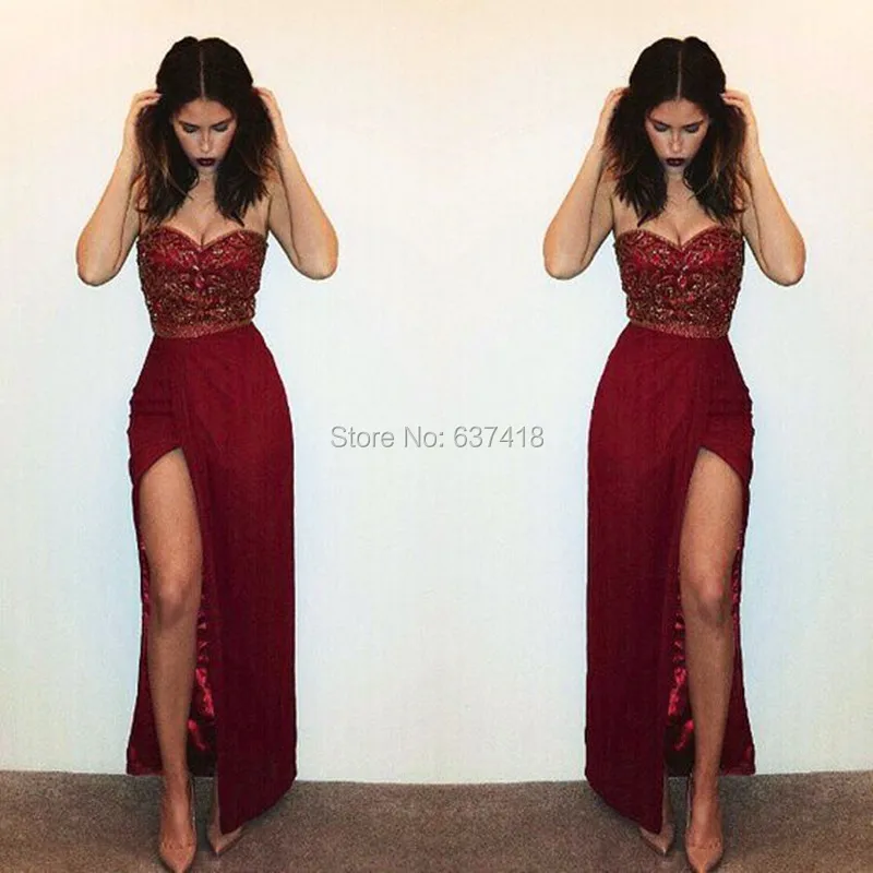 burgundy tight prom dress