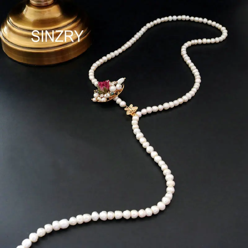 SINZRY ювелирные изделия ручной работы, натуральный пресноводный жемчуг, винтажные Длинные ожерелья, креативные женские ожерелья с цветами