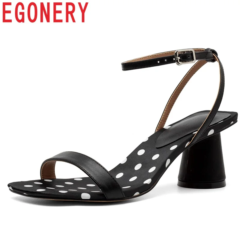 

EGONERY Brand Genuine cow Leather woman sandals summer fashion girl party dating Sheepskin Polka Dot high Round heels shoes