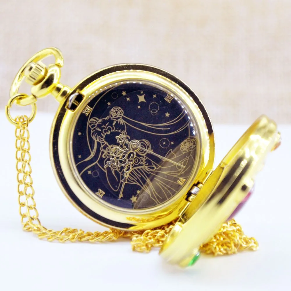 Роскошный Золотой Мода Сейлор Мун Аниме Мультфильмы кварцевые карманные часы Analog подвеска Цепочки и ожерелья для девочек женские часы подарок