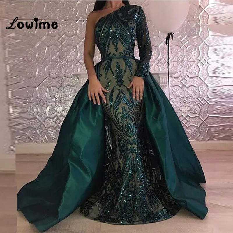 

One Shoulder Arabic Green Evening Dress Special Shiny Fabric Long Sleeve With With Detachable Train 2018 Custom Made Party Gowns