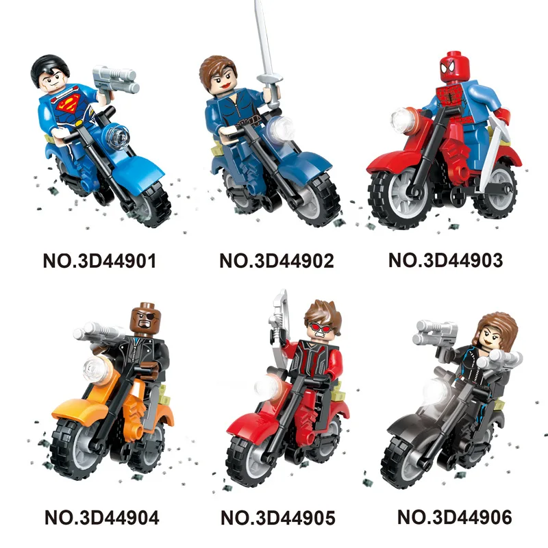 

8pcs/set The Avengers Super Heroes Motorcycle Building Blocks Set spiderman Superman Bricks Toys