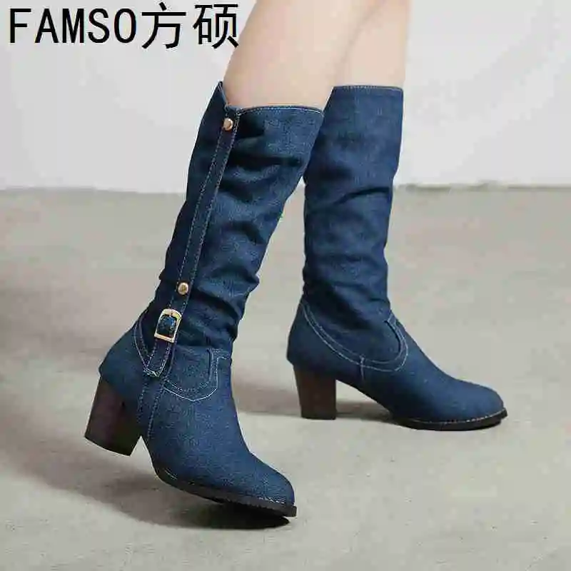 

FAMSO 2019 New Shoes Women Denim High Heels Round Toe Motorcycle Boots Winter Full Fur Keep Warm Fashion Snow Boots Outside