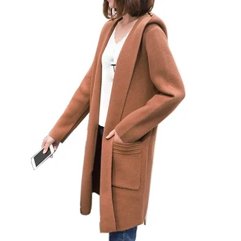 

2018 New Sweater High Quality Women Spring Autumn Hood Long Cardigan Female Elegant Pocket Knitted Outerwear Sweater LJ0566