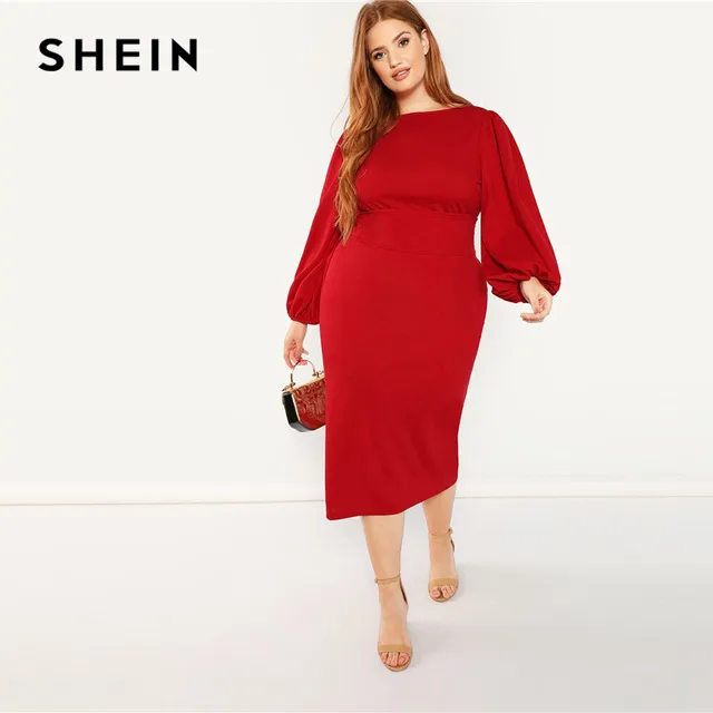 SHEIN Red Plus Size Lantern Long Sleeve High Waist Elegant Bodycon