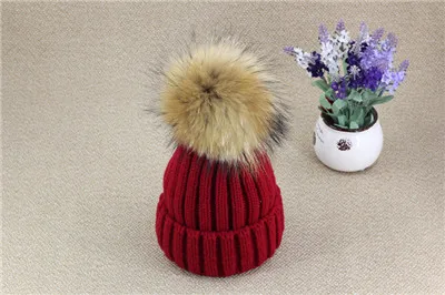 Зимняя шапка из меха енота для маленьких мальчиков и девочек, детская вязаная шапка с помпоном из натурального меха, зимняя плотная теплая шапка для детей - Цвет: G