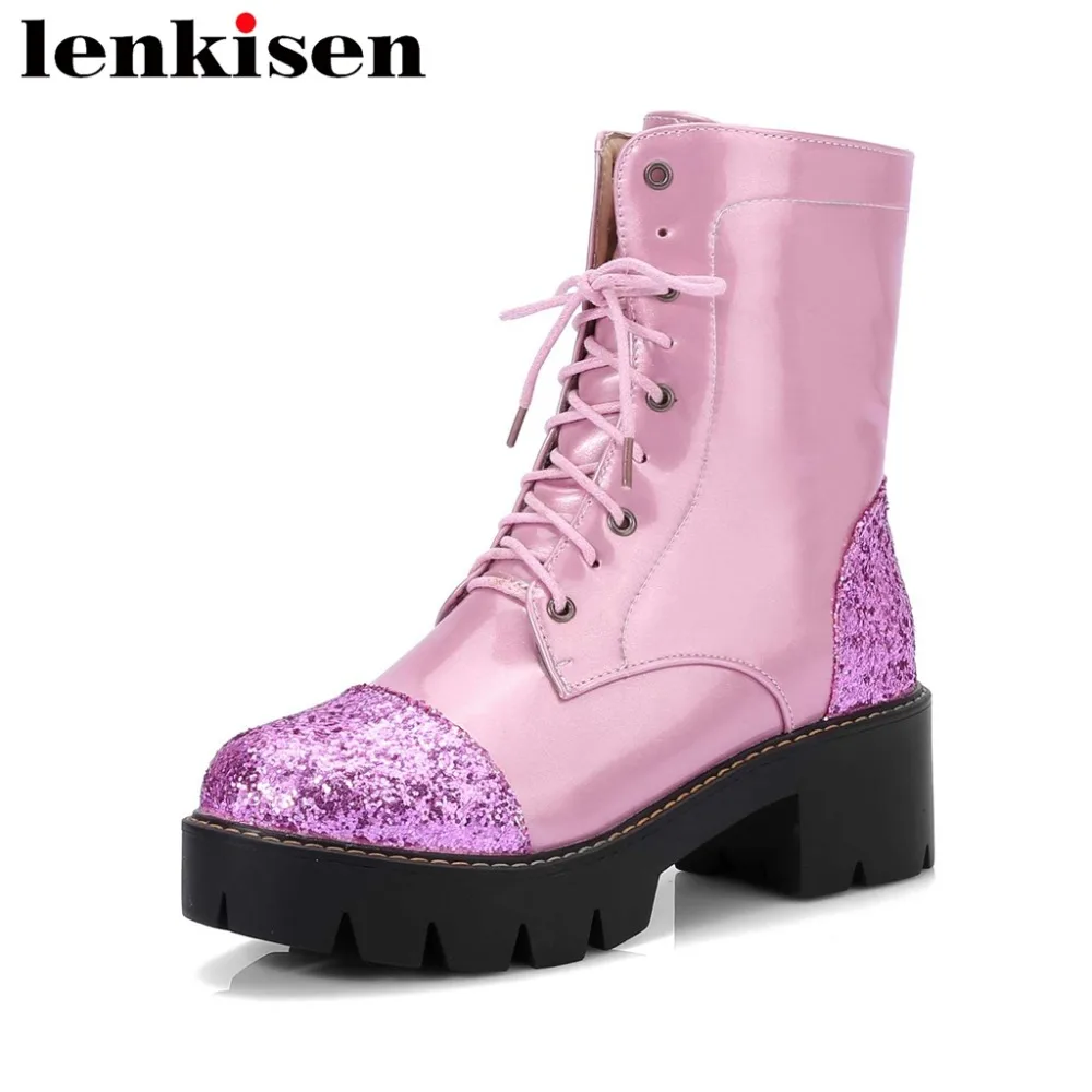 

Lenkisen 2018 new arrival bling bling shoes plus size pu round toe square med heels platform korean girls women ankle boots L82
