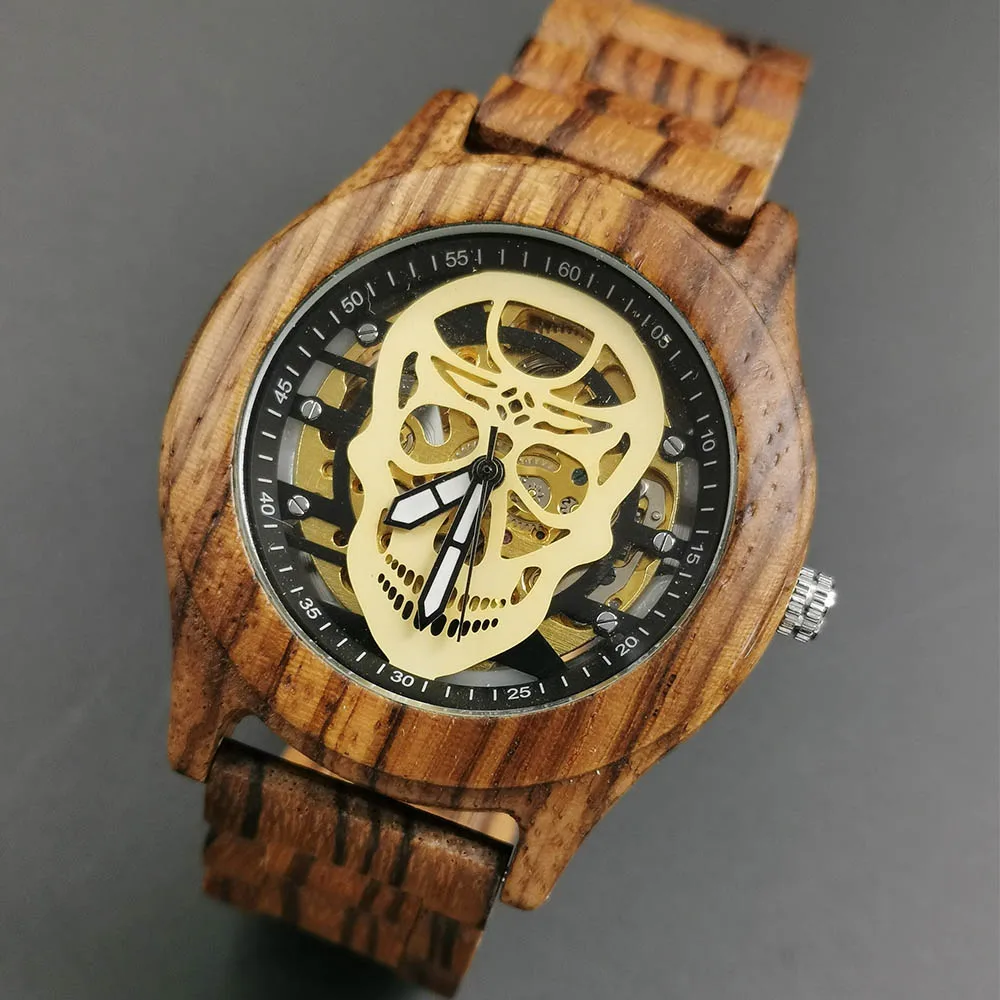 

Luxury Brand Cool Skull Men's Mechanical Watches Wooden Strap Wrist Watch relogio masculino Wooden Watch