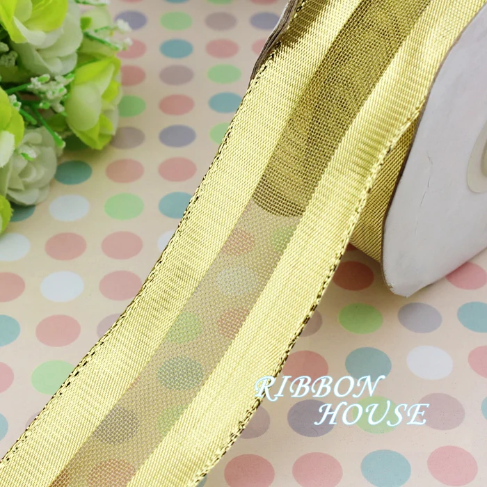 

(5 yards/lot) 40mm Gold polyester organza ribbons Christmas packaging ribbon high-grade quality squares ribbons