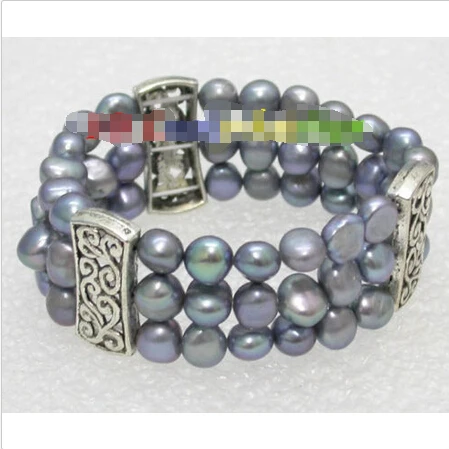 

Free shipping >>>>>>stretchy! 3row 9mm peacock black Baroque pearls bracelet springy J8126