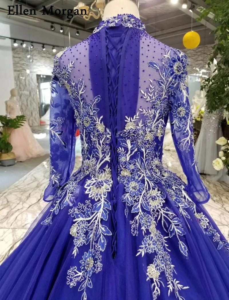 Синий с длинным рукавом кружево бальные платья свадебные 2019 вышивка бисером корсет высокое средства ухода за кожей Шеи пышные красочные