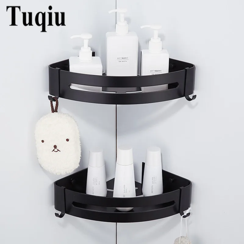 Baratos Estante de esquina montado en la pared de aluminio negro para baño jabonera para baño estante de ducha soporte de champú para baño soporte de cesta estante de esquina