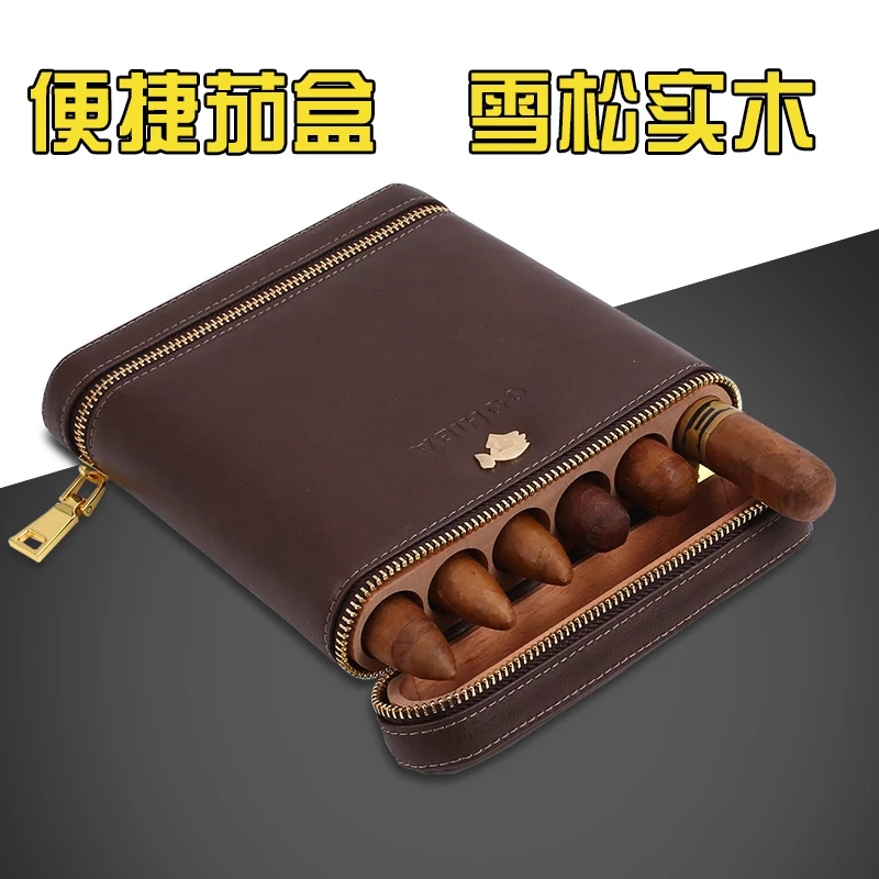 

COHIBA Portable Leather Travel Cigar Case Cedar Wood Lined Large Diameter Cigar Humidor for 6 Tube Cigars W/ GIft Box Velvet bag