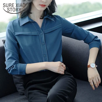 

2018 new arrival autumn women blouse Vcollar novelty design long sleeved Korean style women top dark color chiffon shirt 1089 40