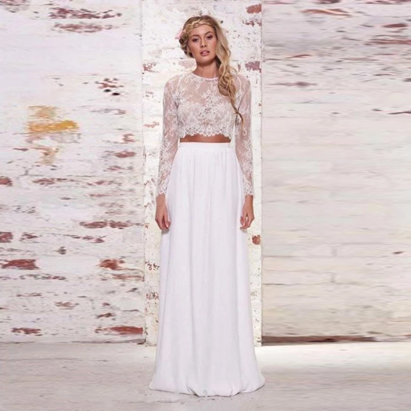 2017 Vente Chaude Deux Pieces Crop Top Robe De Mariee Boheme En Mousseline De Soie Ruche Plage Robes De Mariee Printemps Dentelle Manches Longues De Mariee Robe Aliexpress