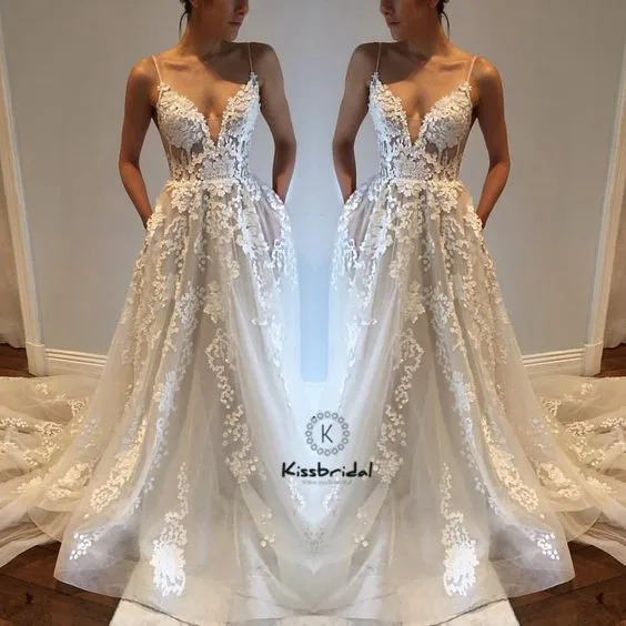 Vestido De Novia Sexy Sin Espalda Con Tirantes Finos Escote En V Profundo De Encaje De Tul Para La Playa Vestidos De Novia Aliexpress
