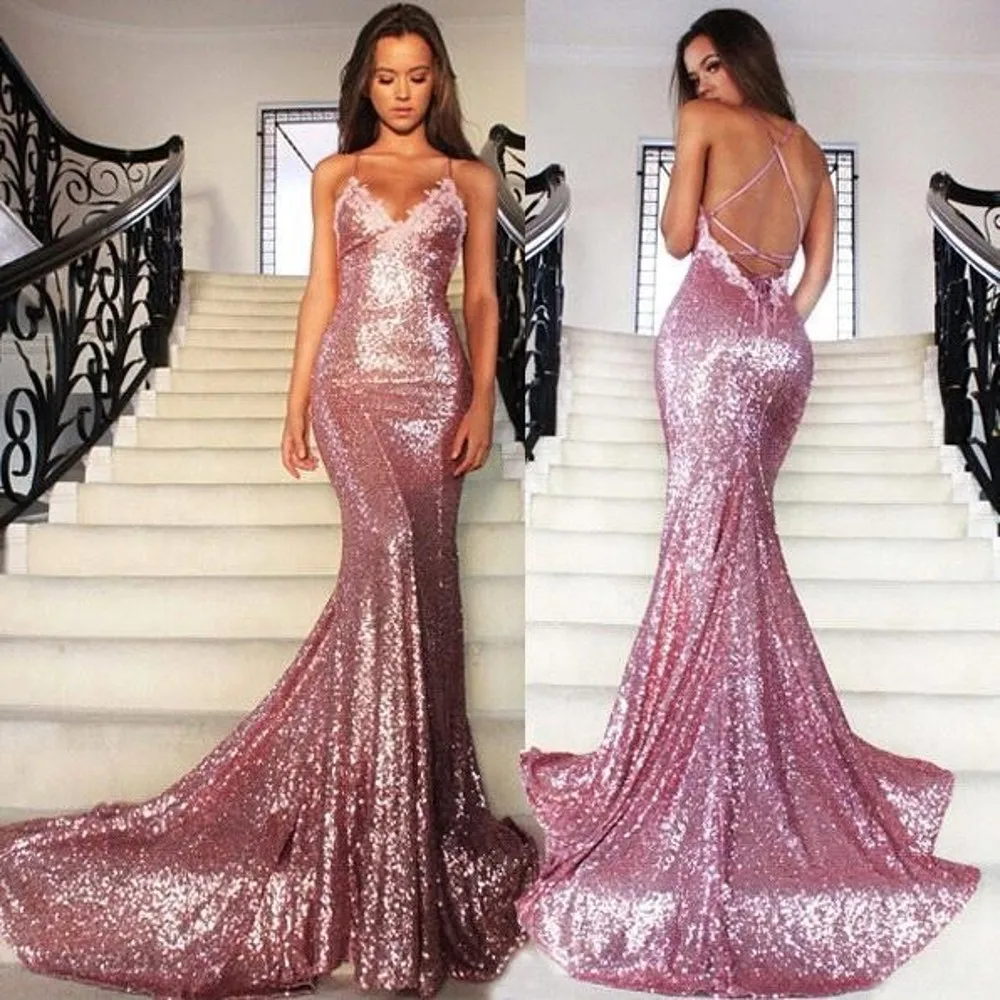 Buy Cheap Sexy Backless Rose Gold Sequined Evening Dresses 2017 Spaghetti Strap Sweep Train Long Formal Gown Robe De Soiree