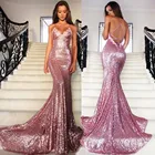 Save 18.06 on Sexy Backless Rose Gold Sequined Evening Dresses 2017 Spaghetti Strap Sweep Train Long Formal Gown Robe De Soiree