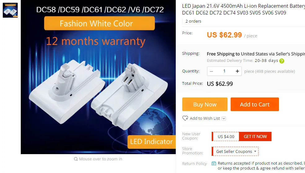 

LED Japan 21.6V 4500mAh Li-ion Replacement Battery For Dyson DC58 DC59 DC61 DC62 DC72 DC74 SV03 SV05 SV06 SV09 V6