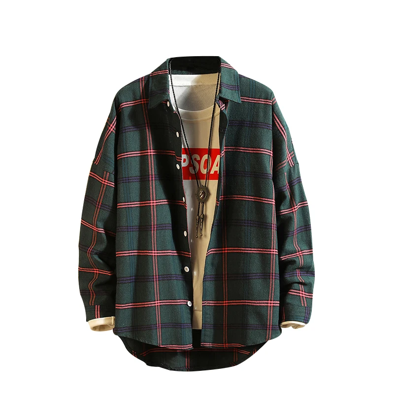 

Man Japanese vintage fashion shirt male striped plaid shirt American casual loose long-sleeved shirt