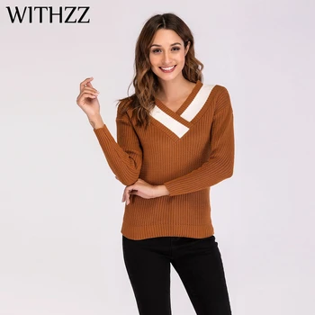 

WITHZZ Autumn V-neck Long-sleeved Slim Color Matching Sweater Tops for Women Female Pullover Clothes Plus Size Top