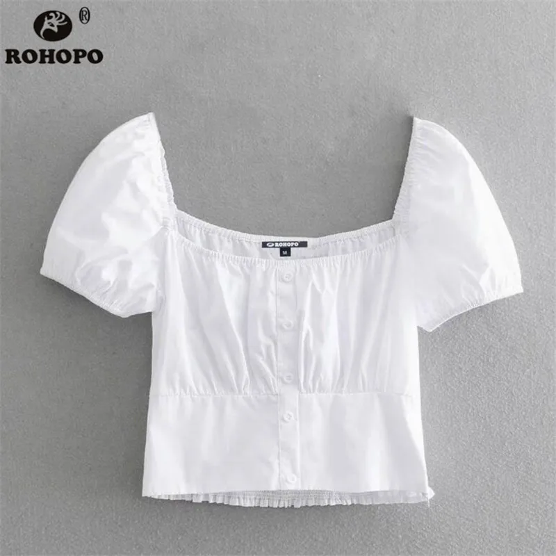 

ROHOPO Women Smocking Waist Cotton Crop Top Shirt Puff Short Sleeve Buttons Fly Short Chic Solid Blouse #UK9161