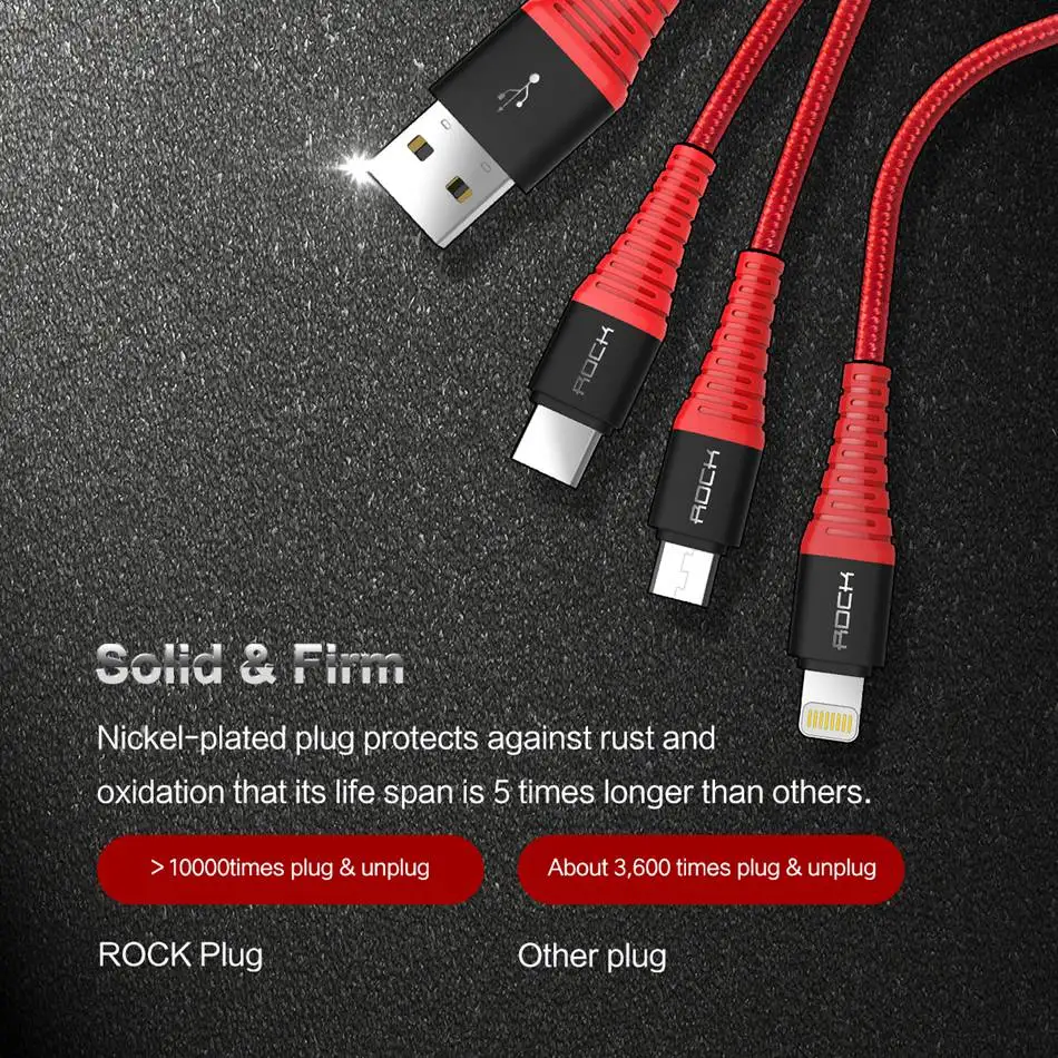 ROCK 3 в 1 usb type C Micro USB и зарядный кабель для iPhone, высокопрочный зарядный USB кабель для iPhone X 8 7 6 6 Plus