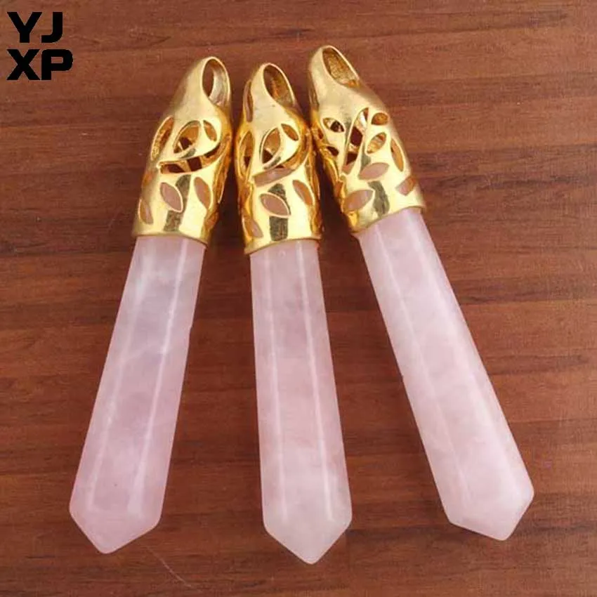 

YJXP Simple Style Gold Color Opal Unakite Black Agates Rose Quartzs Red Stone Hexagon Prism Pendant Reiki Charm Jewelry