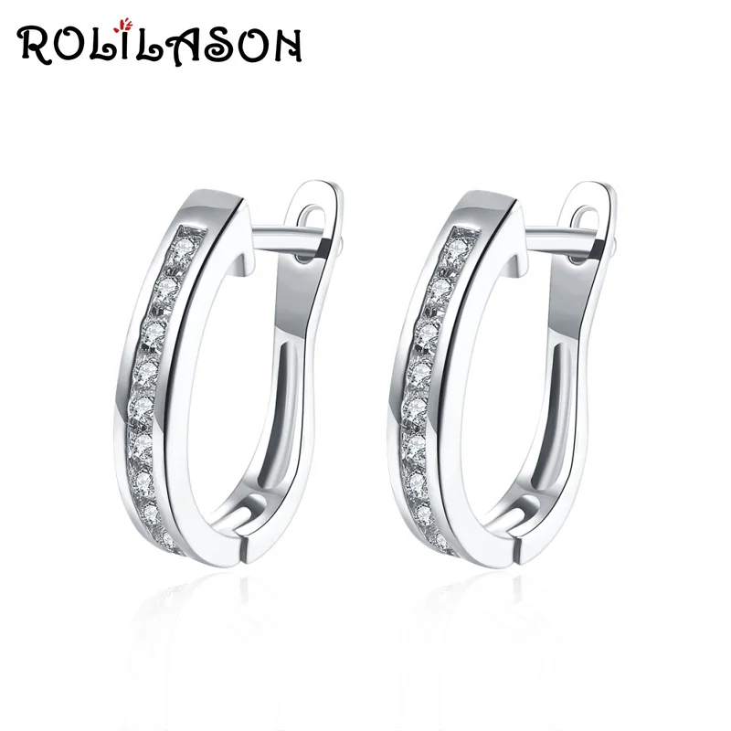 

ROLILASON simple fashion crystal white zircon silver color curvy hoop earring casual daily office style women JE1180