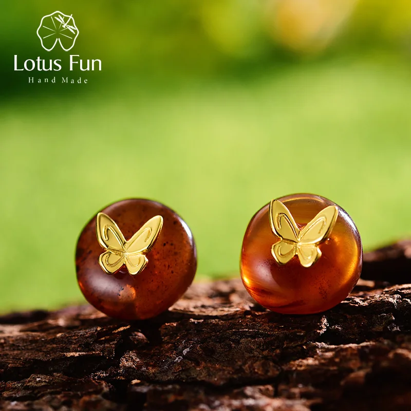 

Lotus Fun Genuine 925 Sterling Silver Earrings for Women Natural Amber Butterfly Small Stud Earring korean earings women jewelry