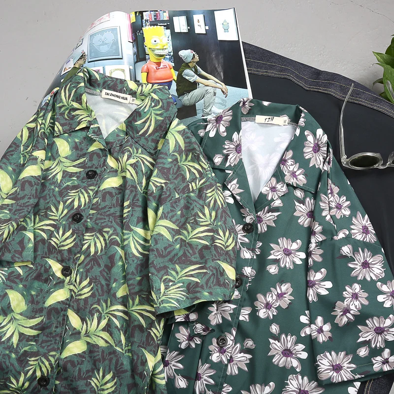 Новое поступление, Мужская модная брендовая летняя Свободная рубашка с коротким рукавом и принтом листьев цветов ананаса, Гавайский стиль, Пляжная рубашка