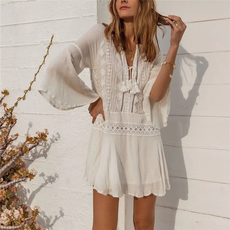 

2019 Women Cotton Beach Wear Cover-ups White Lace Tunic Bikini Wrap Skirt Swimsuit Cover Up Bath Dress Sarong plage pareo 9440