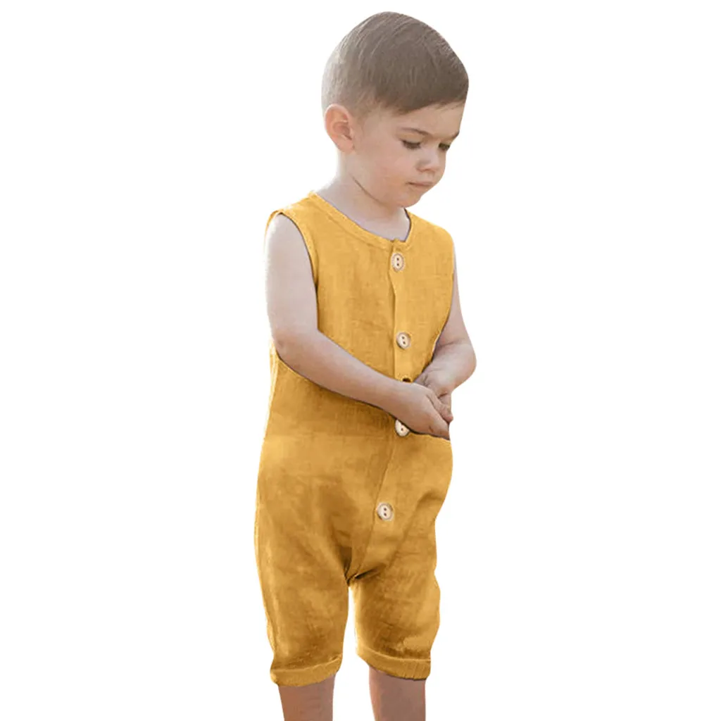 Летний костюм для малышей; для маленьких мальчиков и девочек, хлопковая одежда без рукавов Комбинезоны Детская одежда оборками Прочный Комбинезон Комбинезоны# SS
