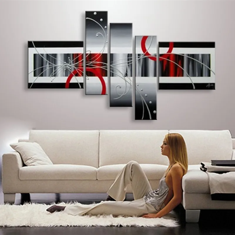 

5 Piece Pictures Hand Painted Abstract White Lines Black Oil Painting Modern Home Wall Art Handmade Acrylic Paintings on Canvas