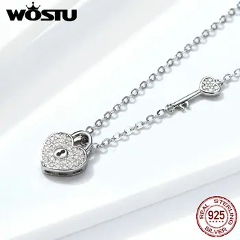 

WOSTU Heart Highlights Necklaces 925 Sterling Silver Lock Heart Dangle Pendant Clear CZ Chain For Women Dazzling Jewelry FIN315