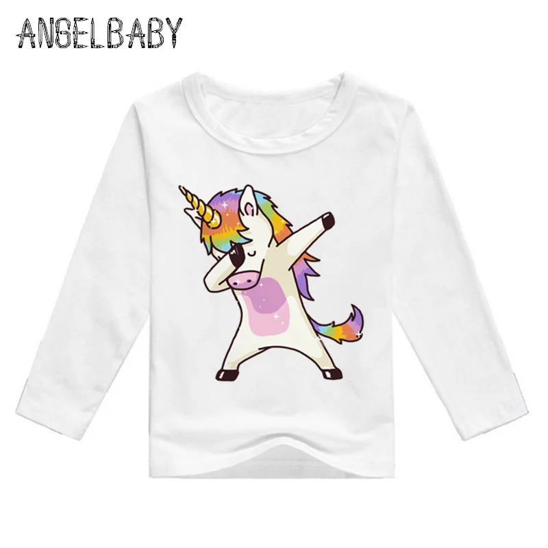 

2019 Children Cartoon Dabbing Unicorn Print Funny Tshirt Baby Boys/Girls Long Sleeve T-shirt Kids Horse Pattern Clothes,LKP2197