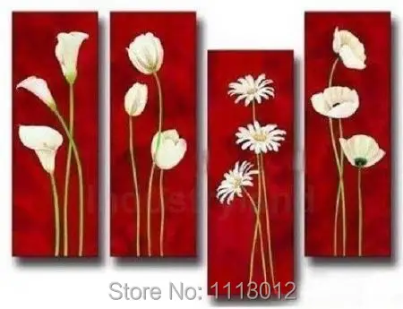 

Modern Abstract Red White Cherry Camellia Flowers Oil Painting On Canvas 4 Panel Arts Set Home Wall Decorative For Living Room