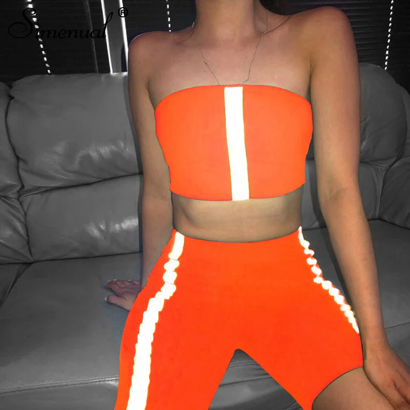 

Simenual Reflective Striped Casual Tracksuits Women Summer Neon Color 2 Piece Sets Tube Top Top And Biker Shorts Set Active Wear