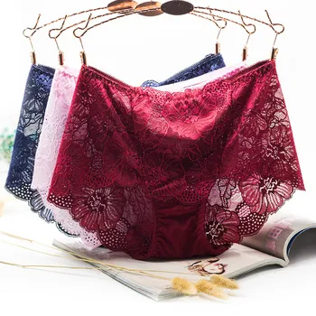 

Roseheart Women Fashion Red Cotton Lace High Waist Sexy Panties Underwear Lingerie Women Briefs 3 Piece 3 Color L XL Plus Size