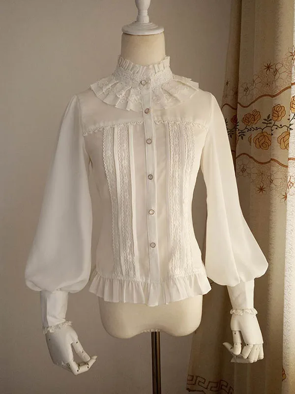 Классическая Готическая рубашка Лолиты с длинными рукавами, хлопковая кружевная белая блузка с принцессой для костюмированной вечеринки, костюм для девочек, 3 цвета - Цвет: As Picture