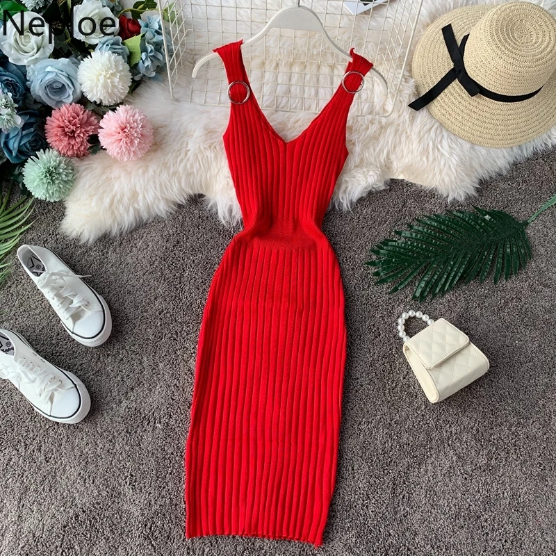 

Neploe 2019 Women Sexy Dress Sleeveless Strap Elegant Dresses Spring Summer Bodycon Sweater Dresses Knitted Stretch Vestidos