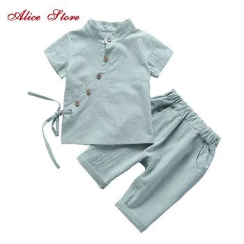 

Summer Costume Baby Girls Cotton Tang Clothing Sets Boys Short-sleeved Cotton and linen China Wind Children Hanfu Two sets