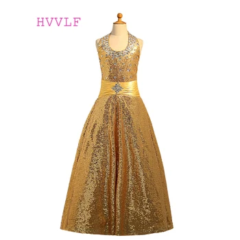 

Gold Girls Pageant Dresses For Weddings Ball Gown Halter Sequins Crystals Flower Girl Dresses For Little Girls