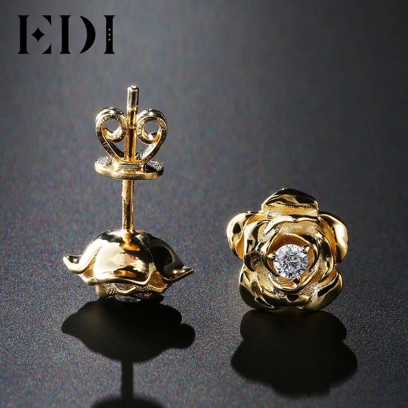 EDI Genuine Natural Diamond 14k 585 Yellow Gold Stud Earrings For Women Rose Flower Fine Jewelry