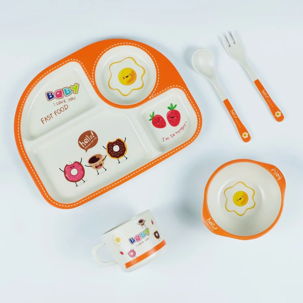 

Pure Natural Bamboo Fiber Cartoon Tableware Baby Dishes with fork, spoon, cup and tray