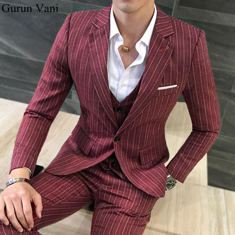 UPS Free Shipping Men's Stripe Red Blazer Suits One Button Custom Men's