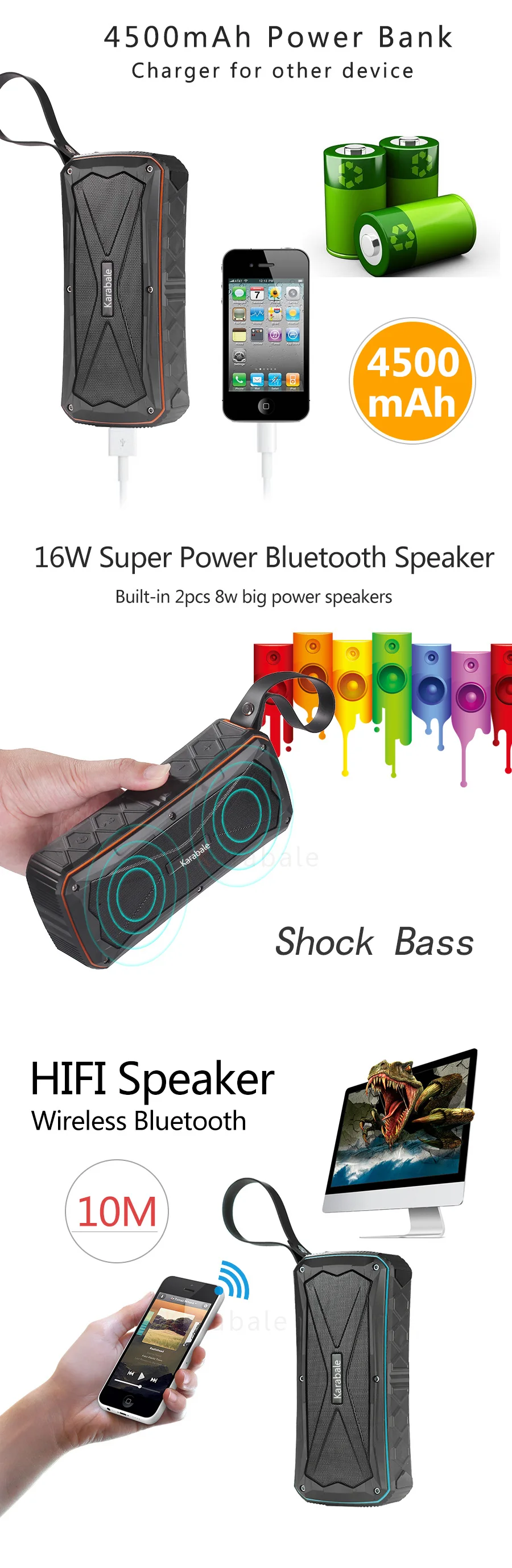 16 Вт супер бас водонепроницаемый наружный Bluetooth динамик 4500 мАч Внешний аккумулятор портативный 3D стерео беспроводной динамик для езды на велосипеде с микрофоном