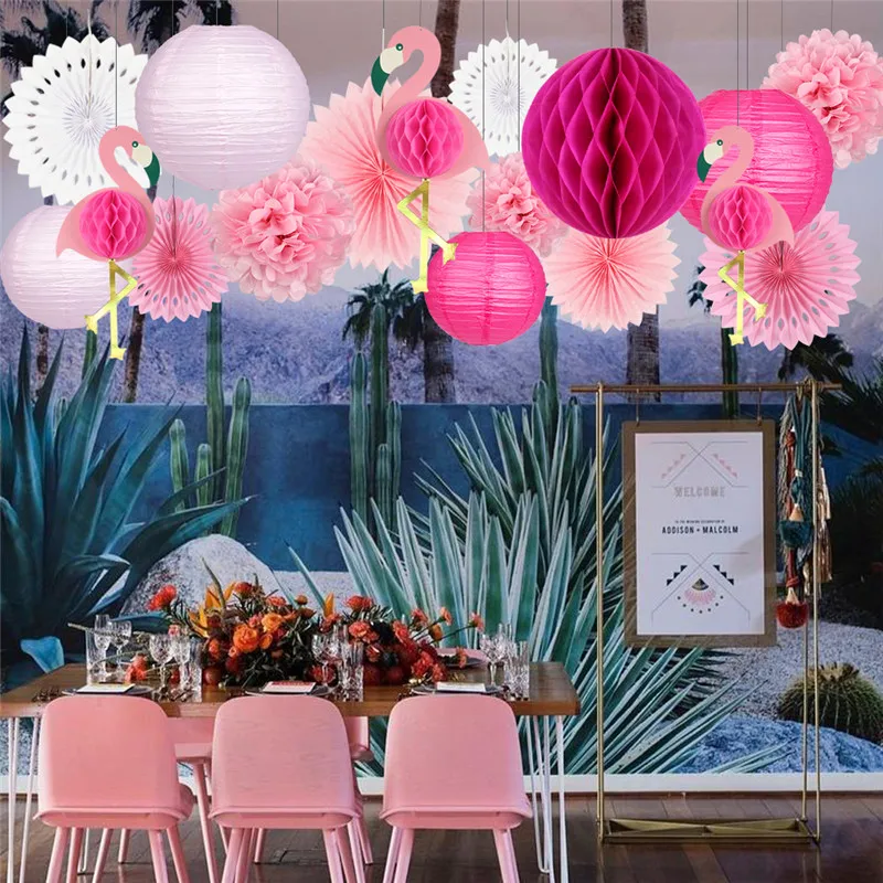 Тропический Розовый фламинго вечерние вафельная ткань декоративная ткань бумажный веер в виде цветка Бумага фонари для Гавайский Летний пляж Луау Вечерние