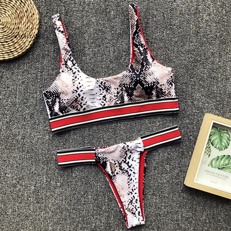 

Peachtan Snake skin bikini set Push up swimwear women 2019 Strappy swimsuit female Thong sexy bikini micro Striped bathing suit