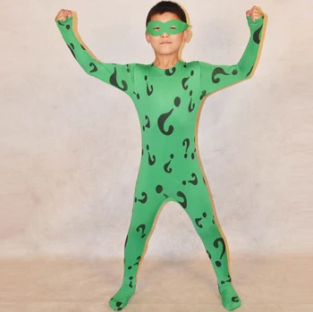 

(KC9045)Green Question Mark Catsuit Lycra Spandex Riddle Zentai Suit Halloween Cosplay SuperHero Costume For Kids